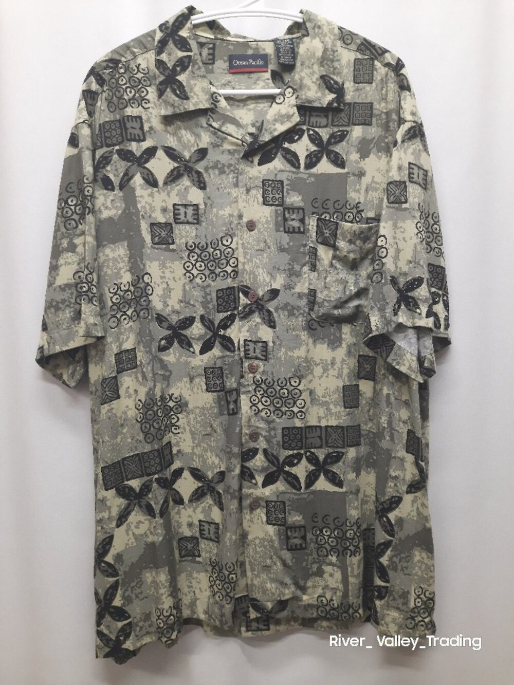 Ocean Pacific Men XL Rayon Button Up Shirt Green Tribal Geometric Casual Aloha